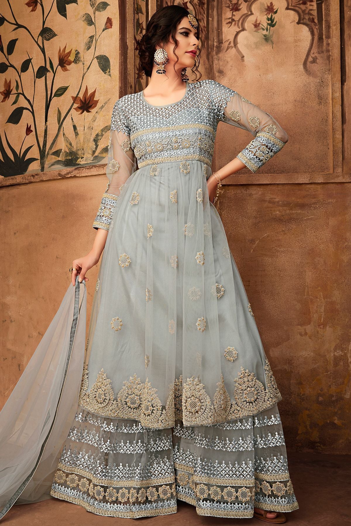 Grey Net Embroidered palazzo Suit