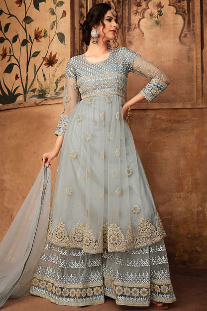Grey Net Embroidered palazzo Suit