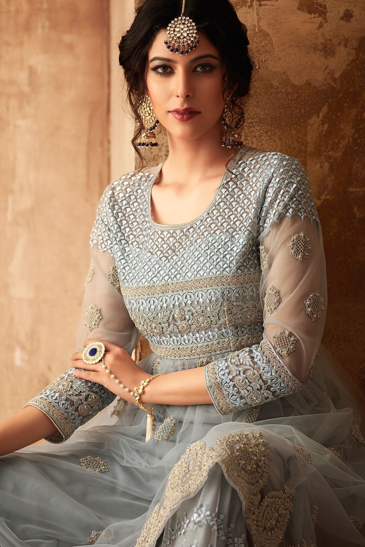 Grey Net Embroidered palazzo Suit