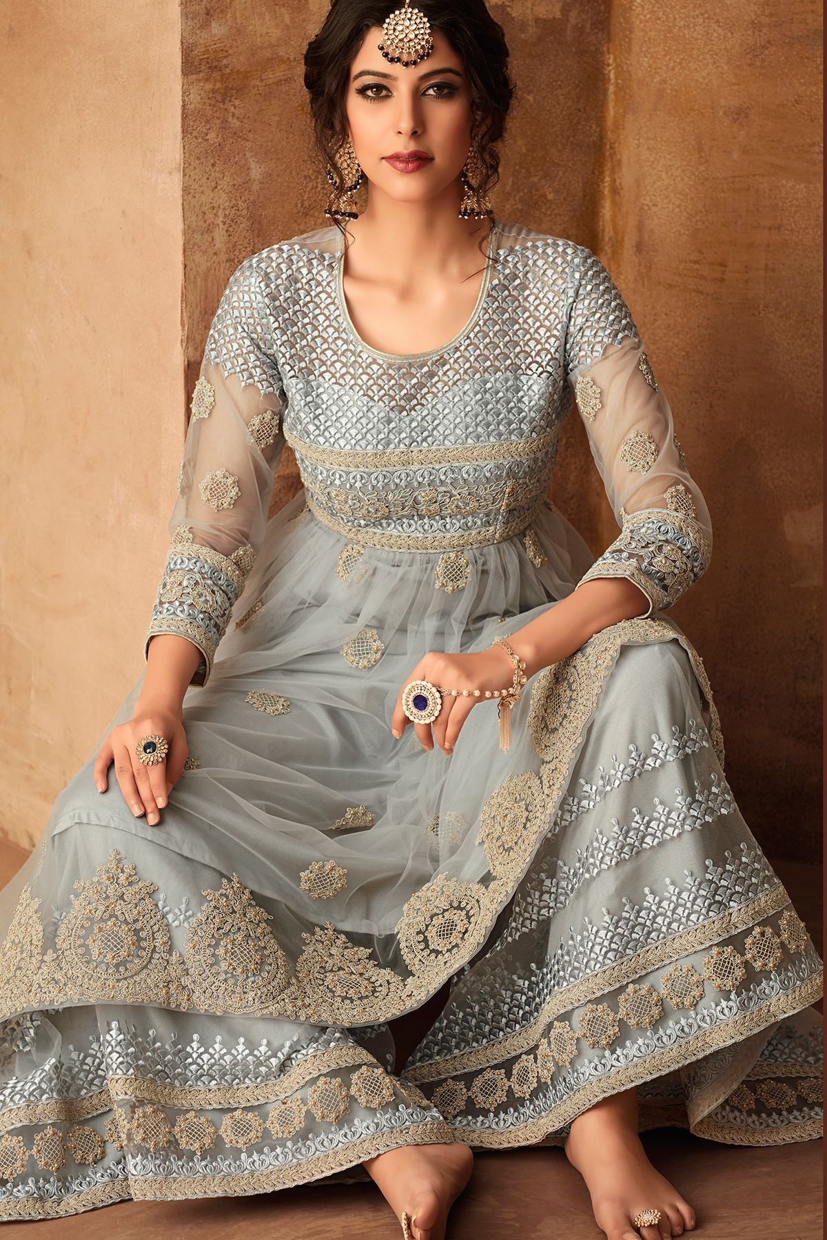 Grey Net Embroidered palazzo Suit