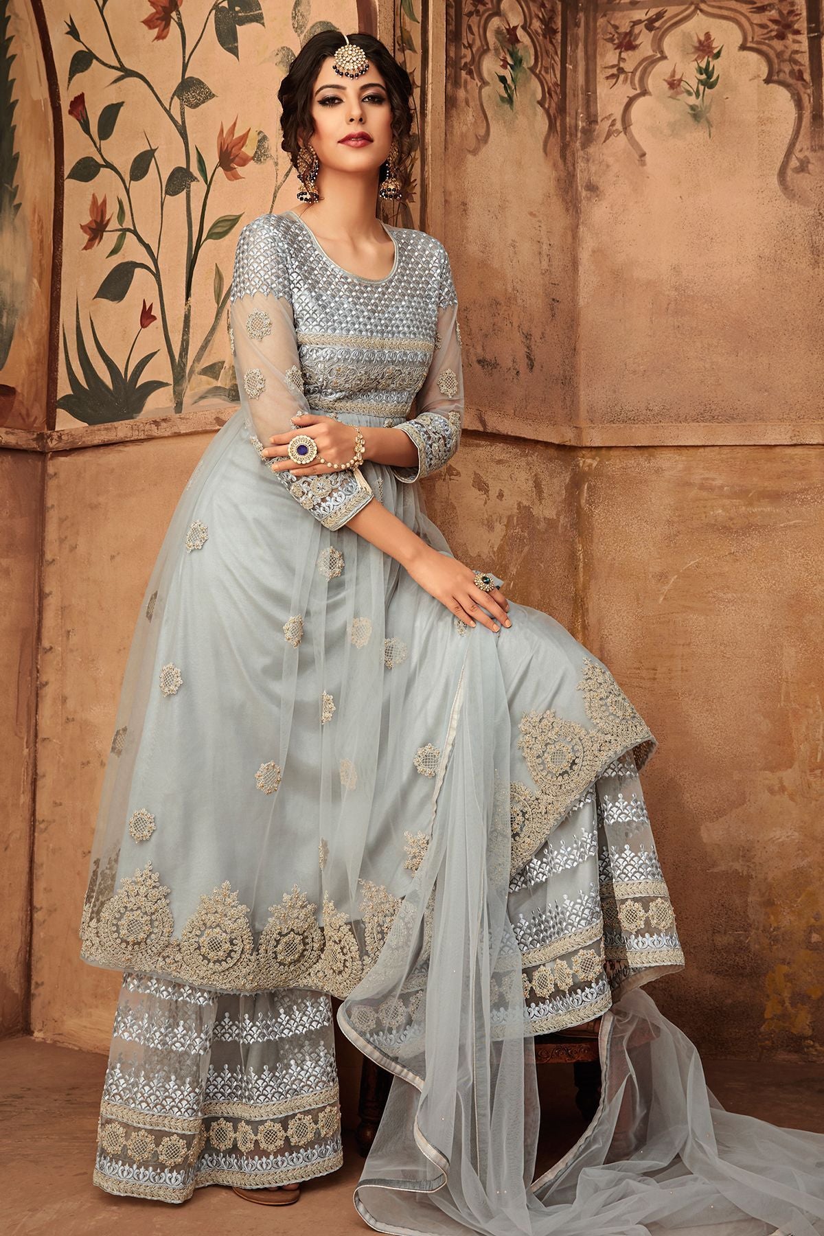 Grey Net Embroidered palazzo Suit