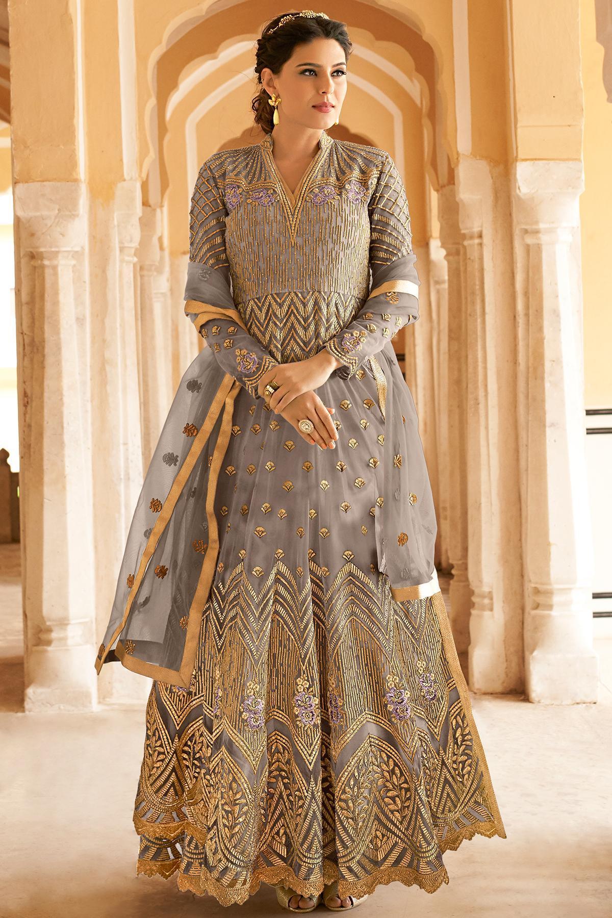 Grey Net Party Wear Anarkali Suit