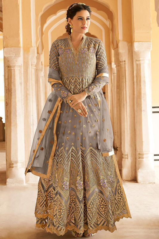 Grey Net Party Wear Anarkali Suit