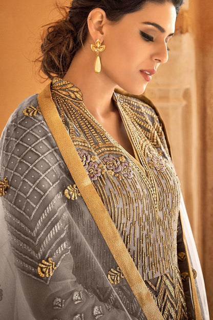 Grey Net Party Wear Anarkali Suit