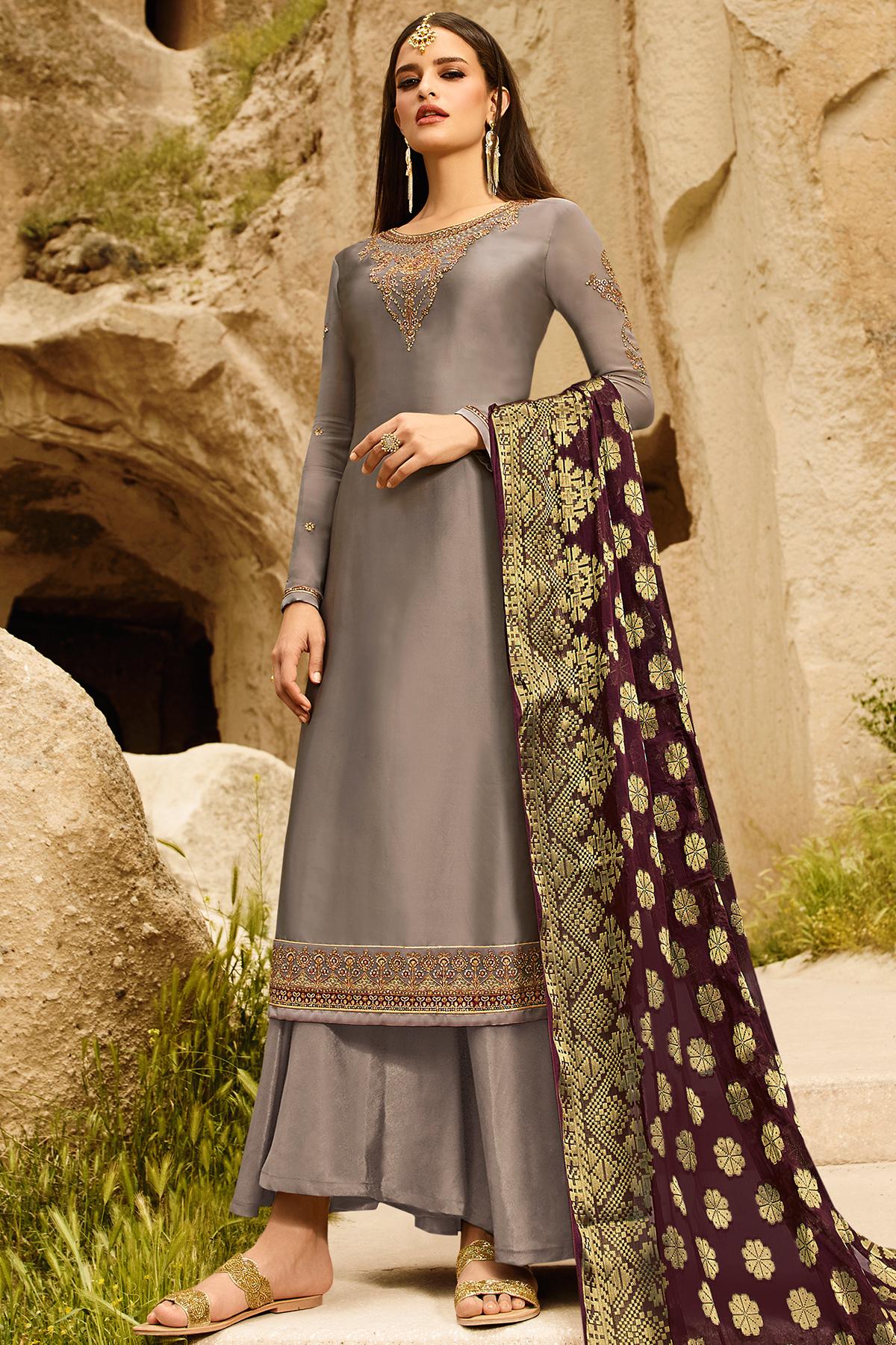 Grey Satin Georgette Palazzo Suit