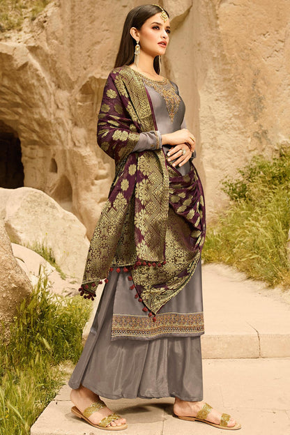Grey Satin Georgette Palazzo Suit