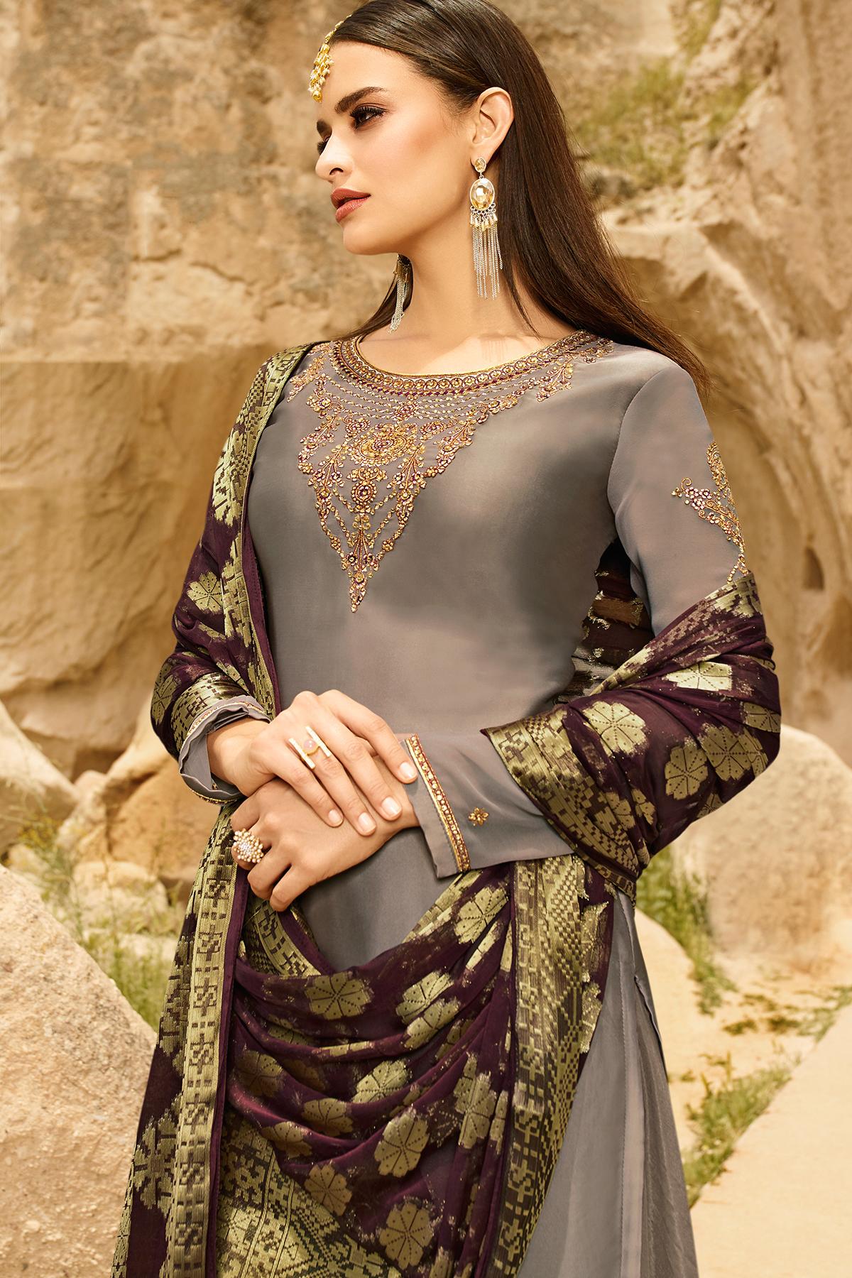 Grey Satin Georgette Palazzo Suit