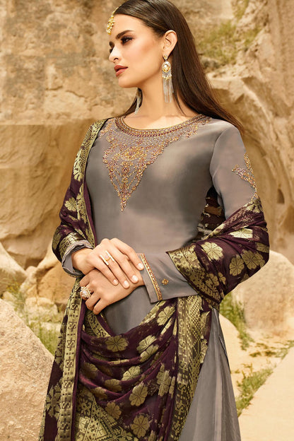 Grey Satin Georgette Palazzo Suit