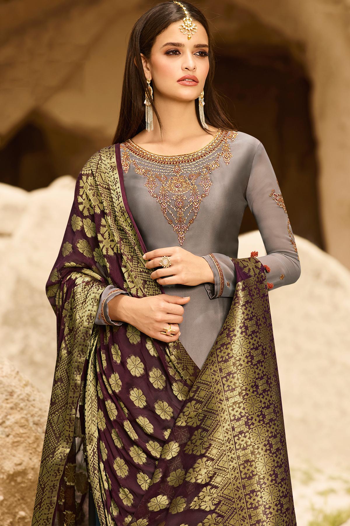 Grey Satin Georgette Palazzo Suit