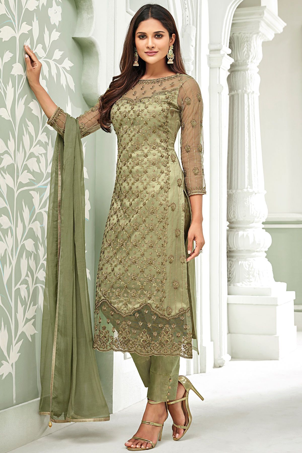 Greyish Net Party Wear Stright Cut Suit