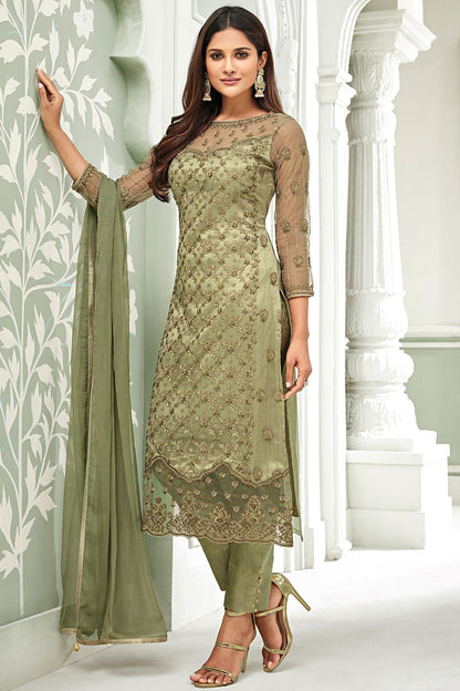 Greyish Net Party Wear Stright Cut Suit