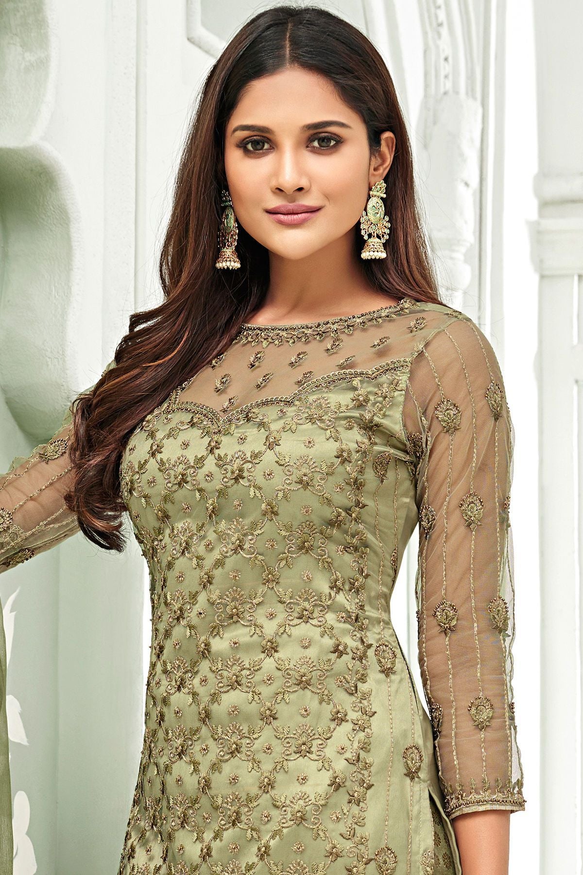 Greyish Net Party Wear Stright Cut Suit
