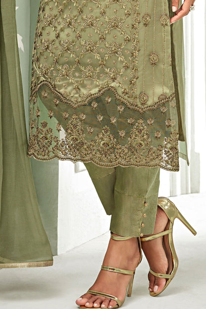 Greyish Net Party Wear Stright Cut Suit