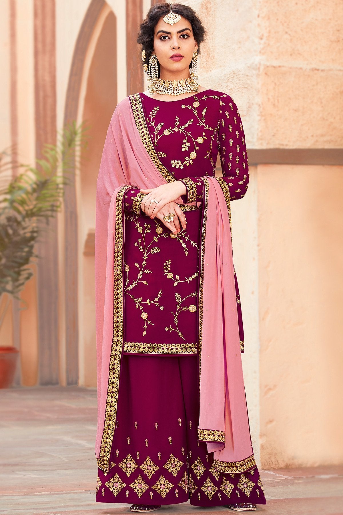 Burgundy party wear Palazzo style suit