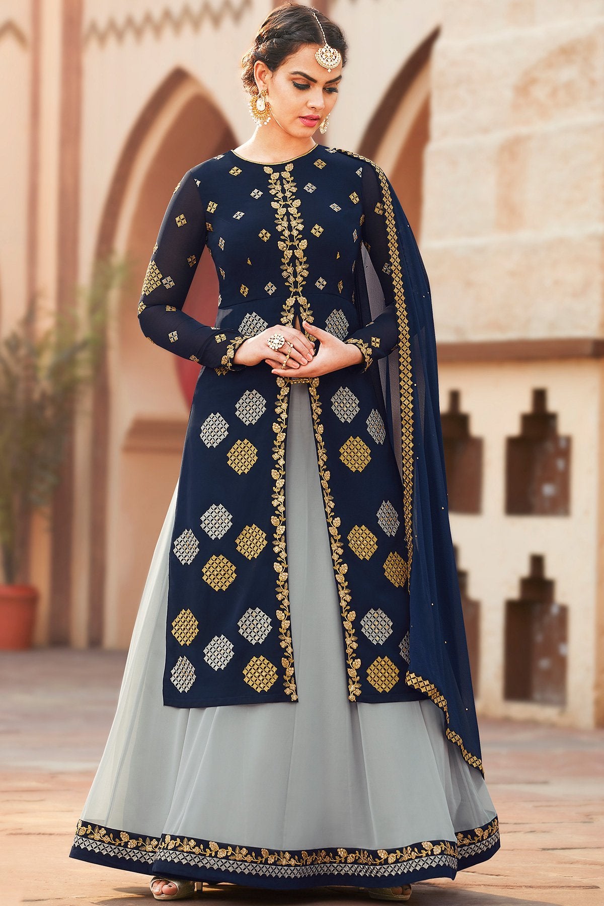 Blue and Grey party wear Lehenga style suit