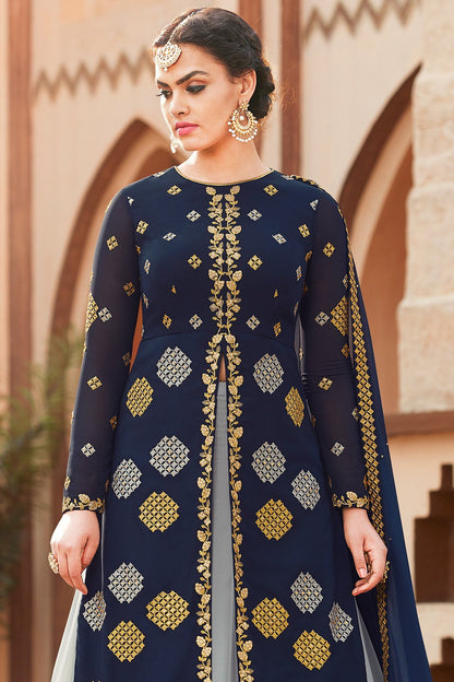 Blue and Grey party wear Lehenga style suit