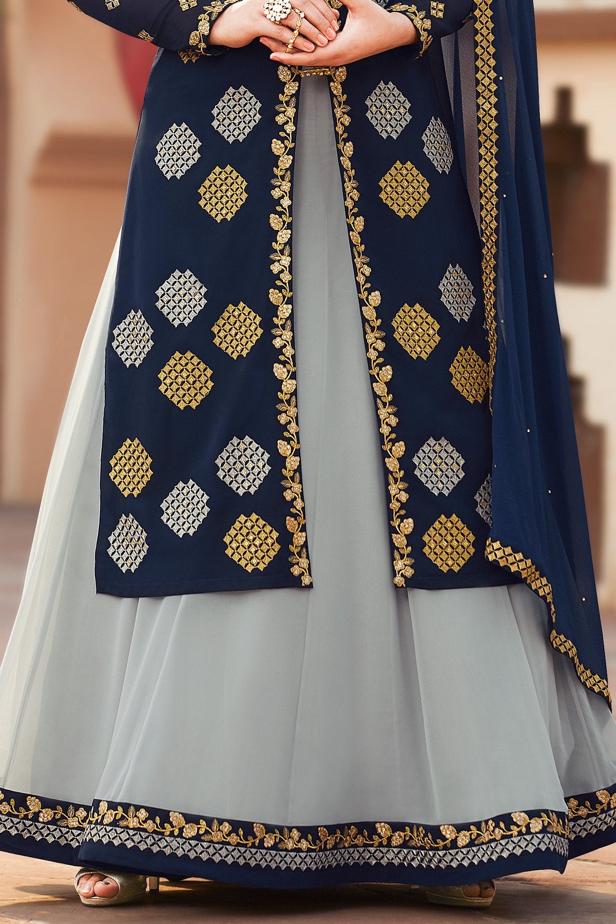 Blue and Grey party wear Lehenga style suit
