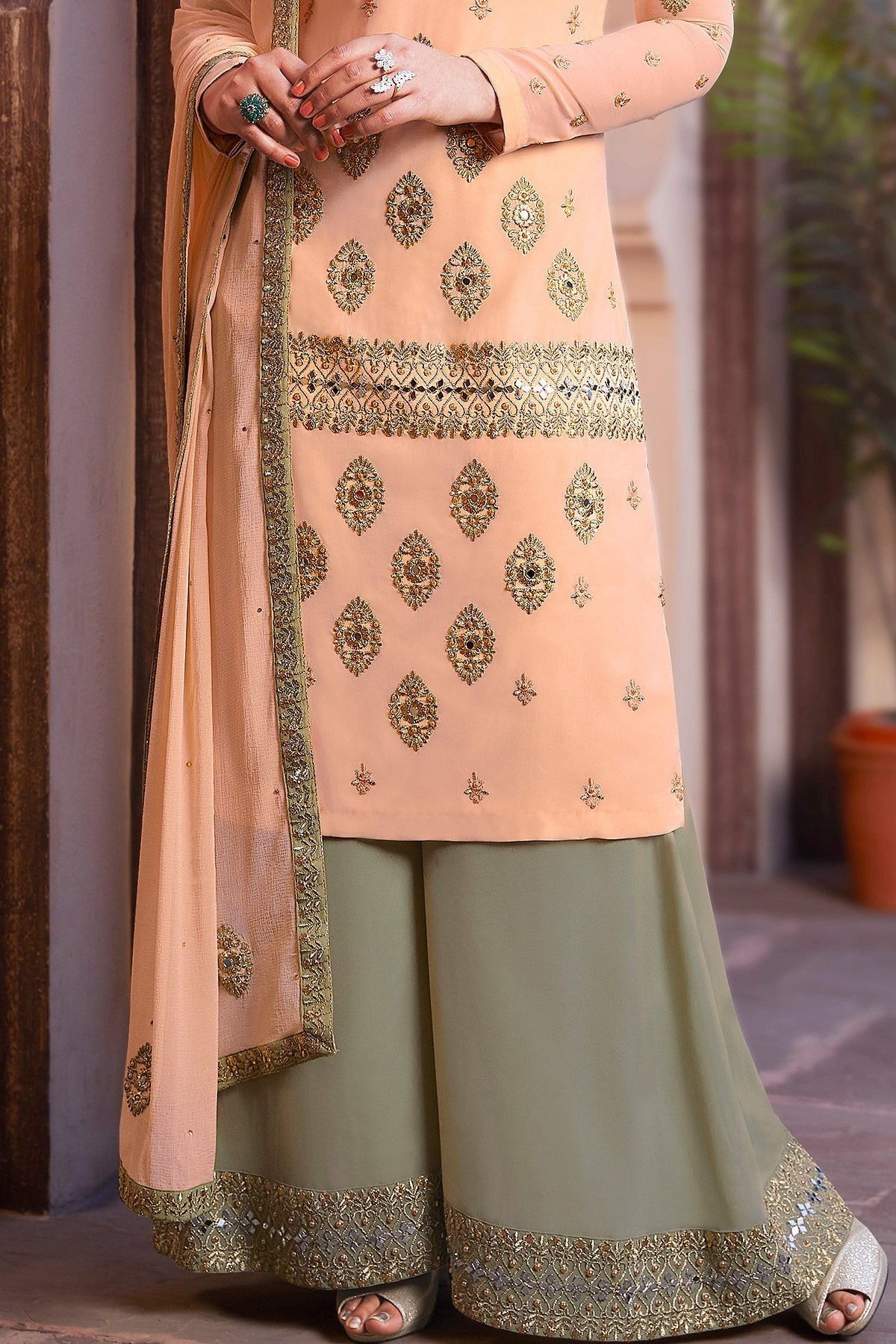 Peach and Smoke Grey party wear Palazzo style suit