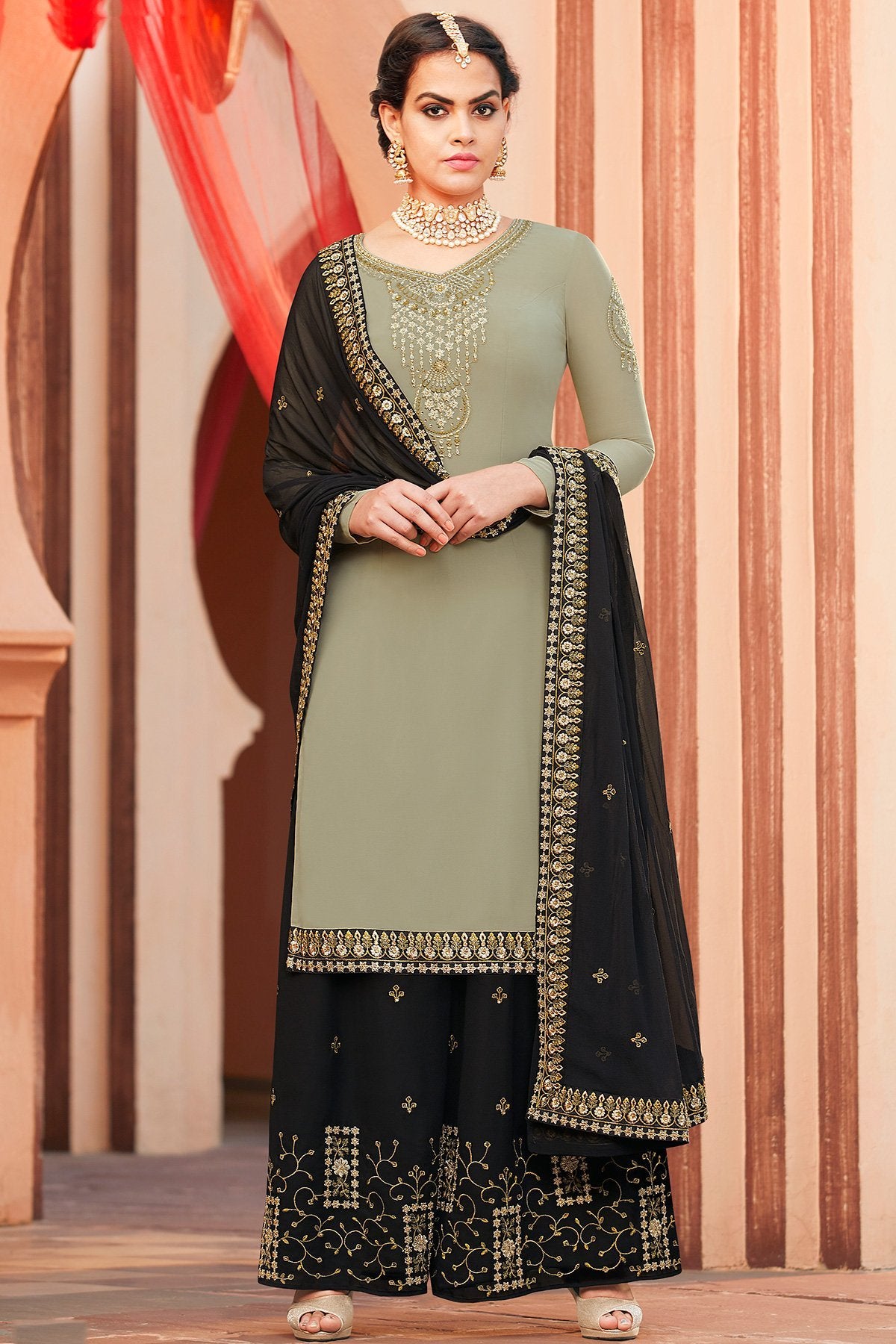 Sage Green and Midnight Black party wear Palazzo style suit