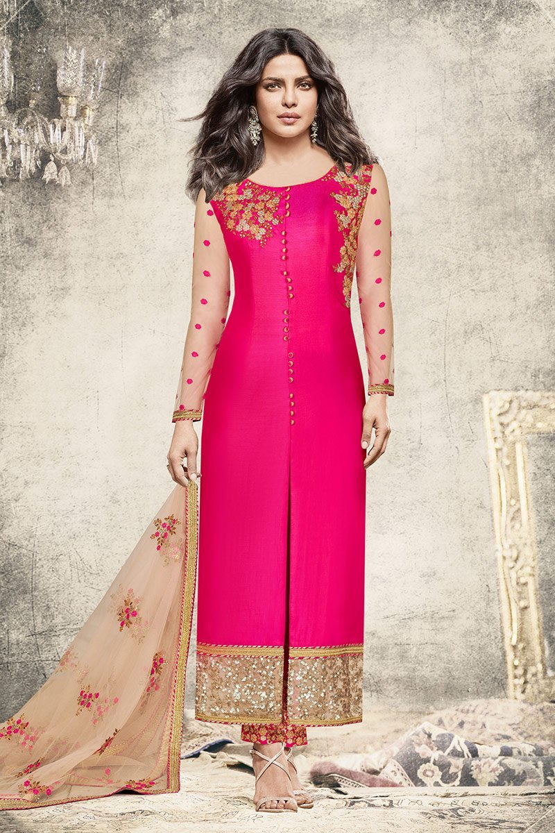Adorable Silk Rani-Pink Party Wear Suit