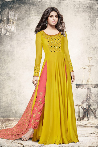Elegant Yellow-Mint and Peach Party Wear Anarkali Suit