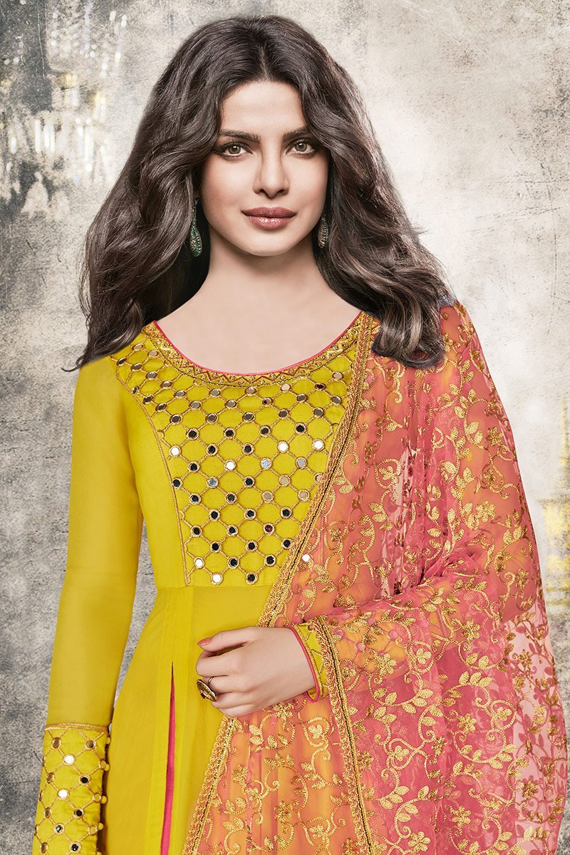 Elegant Yellow-Mint and Peach Party Wear Anarkali Suit