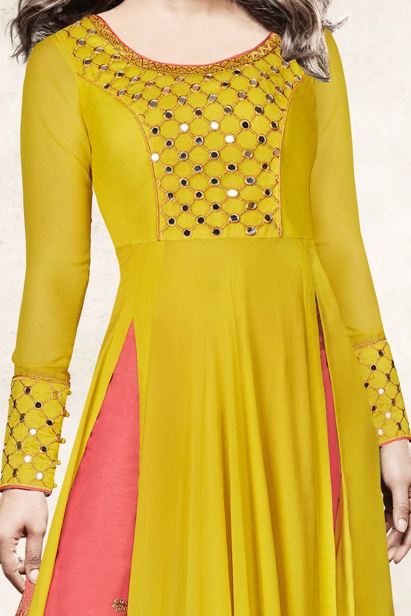 Elegant Yellow-Mint and Peach Party Wear Anarkali Suit