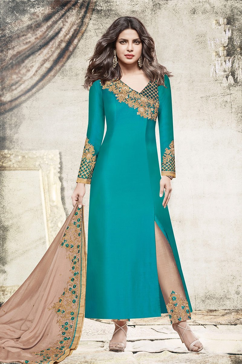 Charming Satin Firozi Party Wear Suit