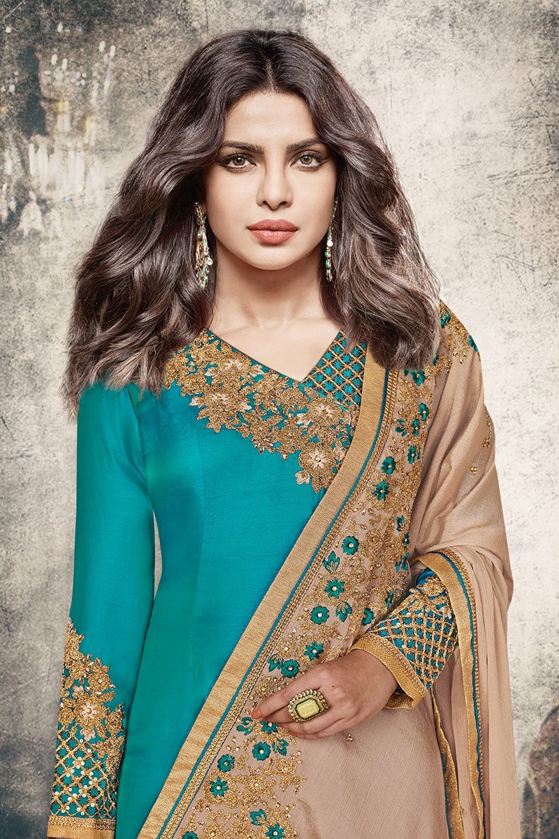 Charming Satin Firozi Party Wear Suit