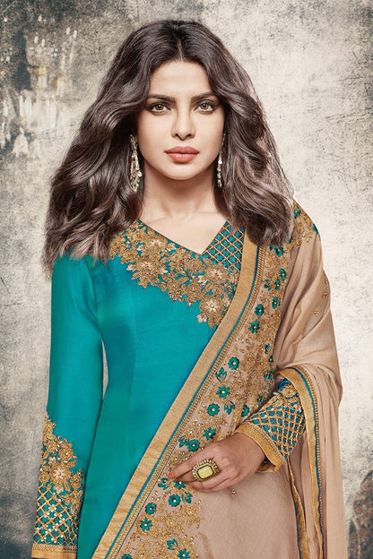 Charming Satin Firozi Party Wear Suit