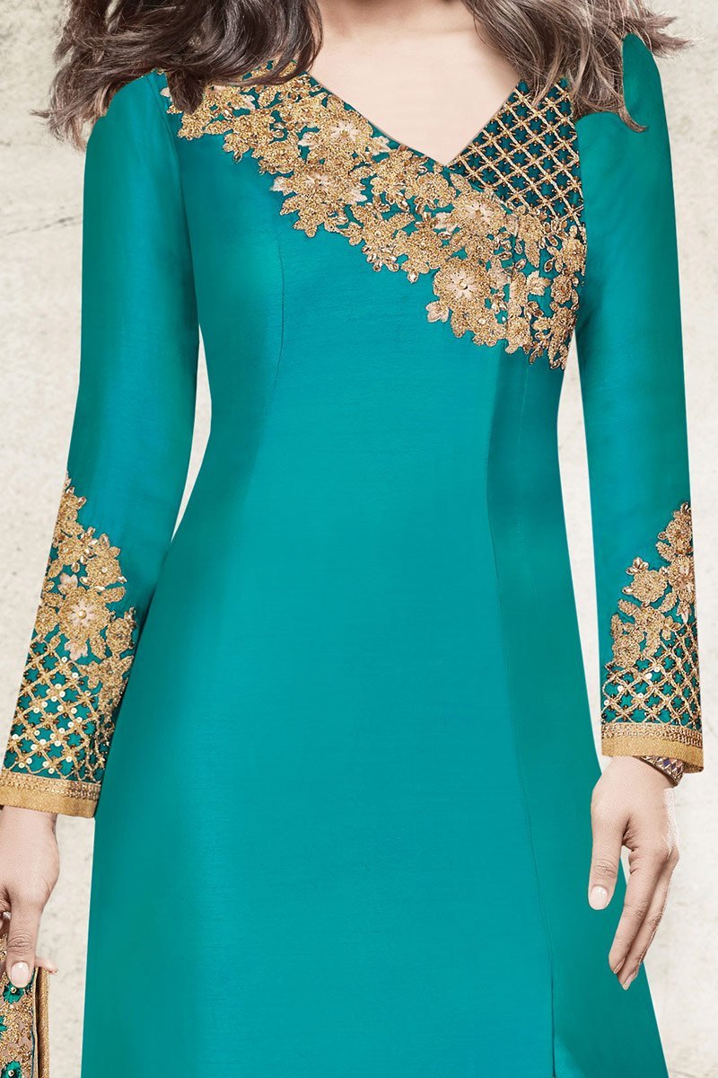 Charming Satin Firozi Party Wear Suit