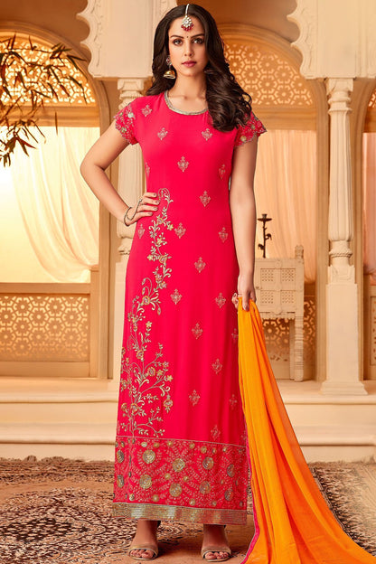 Hot Pink Georgette embroidered Stright Suit