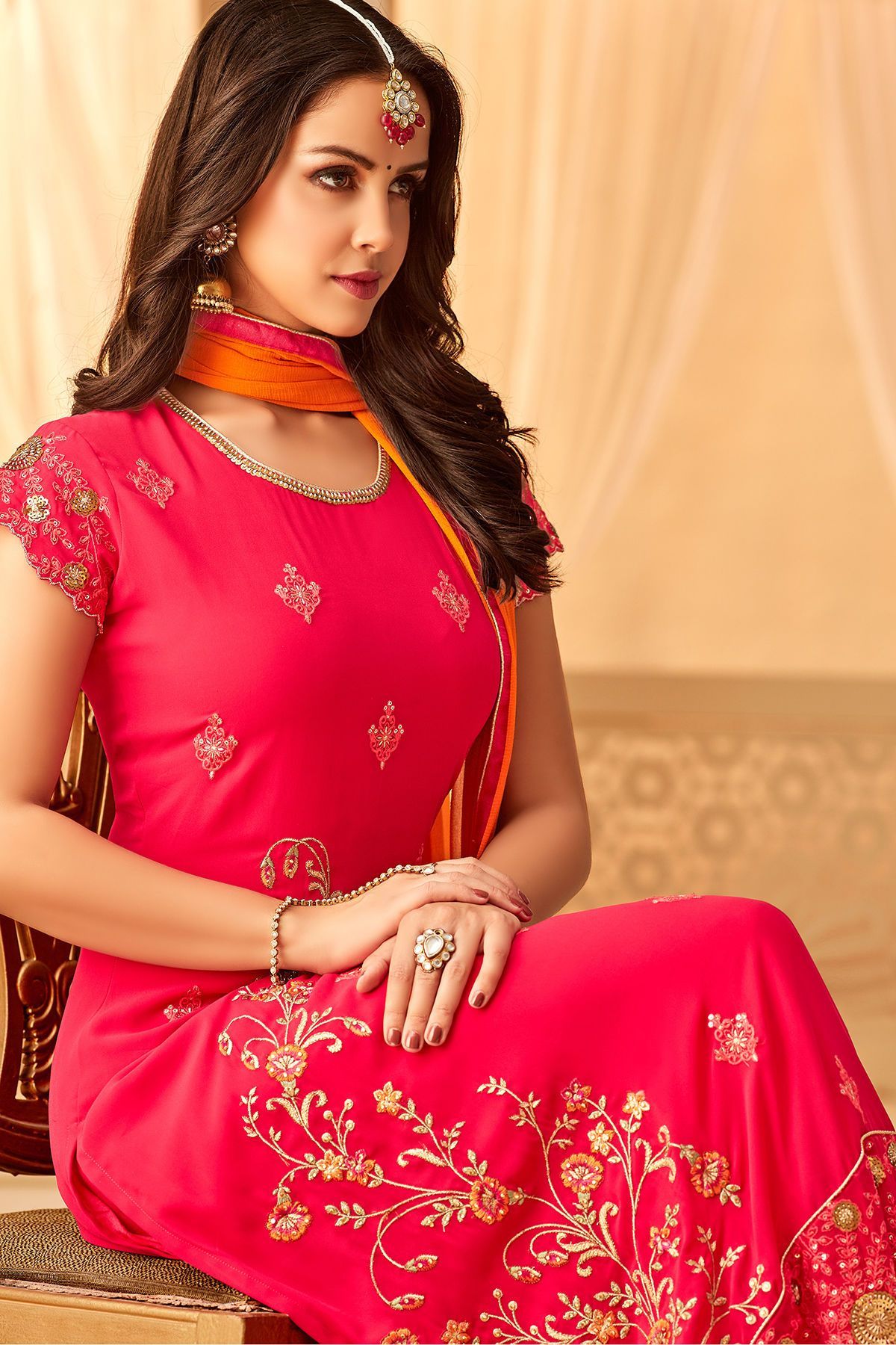 Hot Pink Georgette embroidered Stright Suit