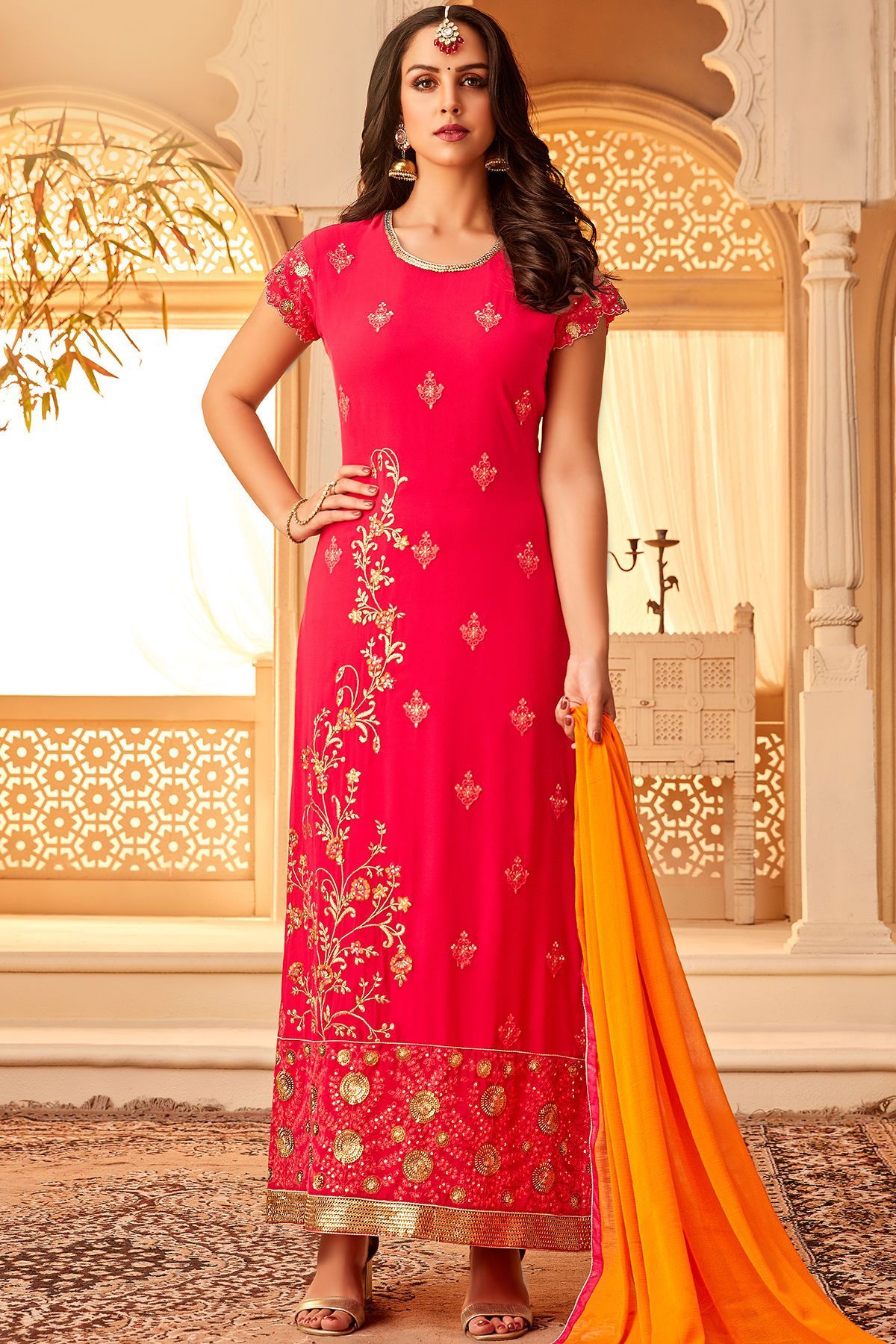 Hot Pink Georgette embroidered Stright Suit