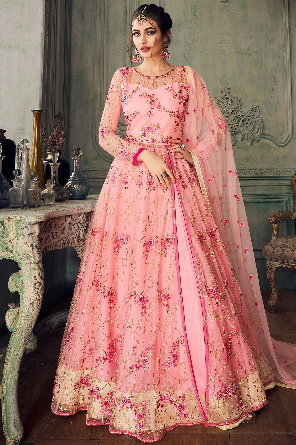 Hot Pink Heavy Net Slit Cut Anarkali Suit