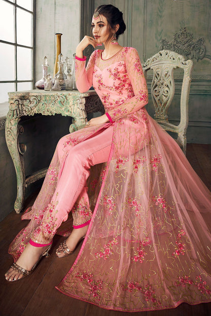 Hot Pink Heavy Net Slit Cut Anarkali Suit
