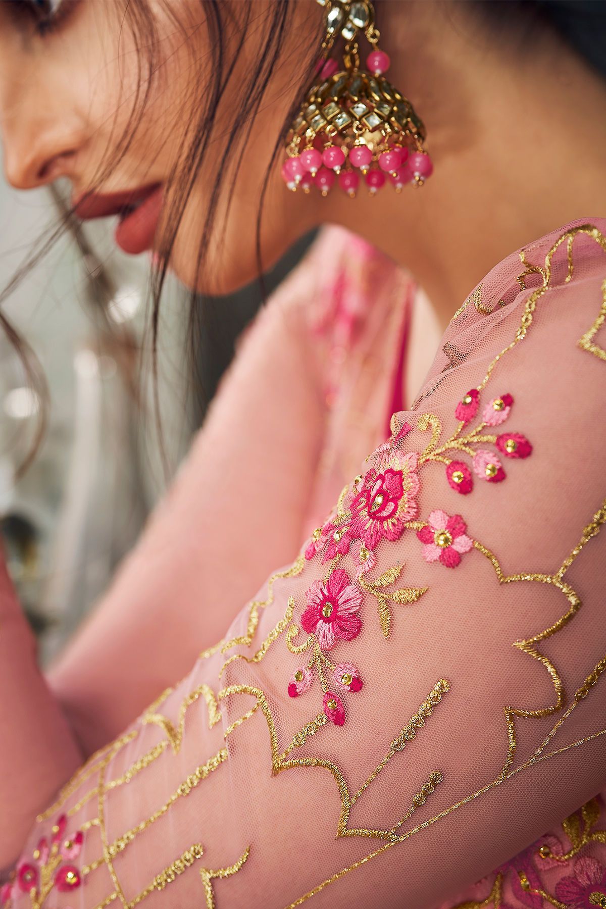 Hot Pink Heavy Net Slit Cut Anarkali Suit