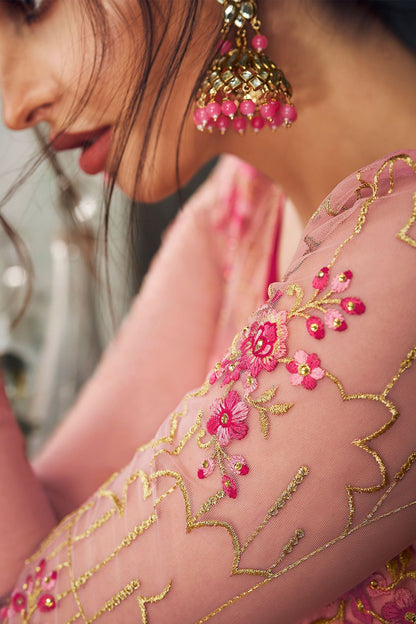 Hot Pink Heavy Net Slit Cut Anarkali Suit
