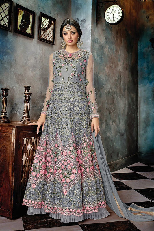 Grey Party Wear Anarkali Style Suit