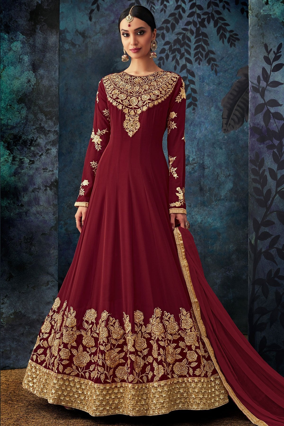 Maroon Embroidered Party Wear Anarkali Suit