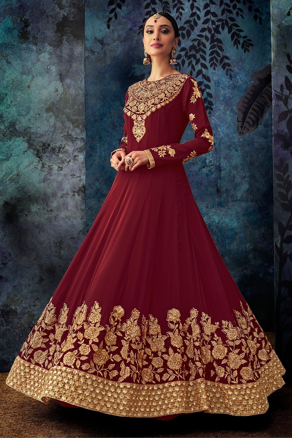Maroon Embroidered Party Wear Anarkali Suit