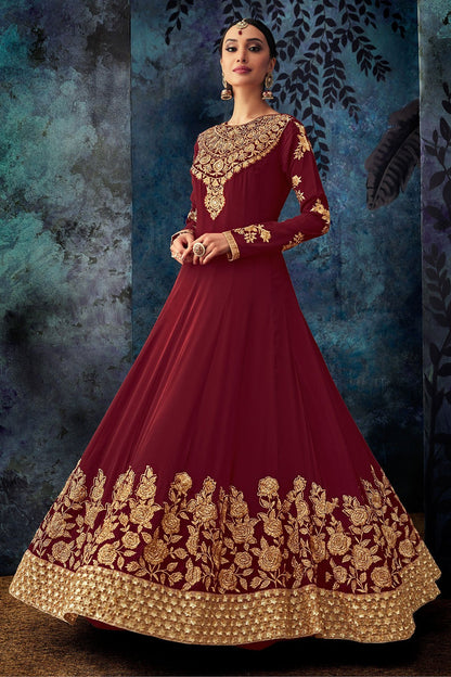 Maroon Embroidered Party Wear Anarkali Suit