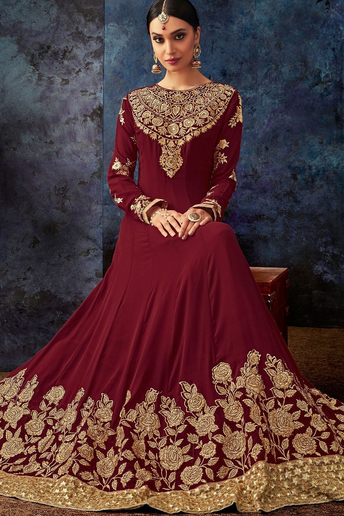Maroon Embroidered Party Wear Anarkali Suit