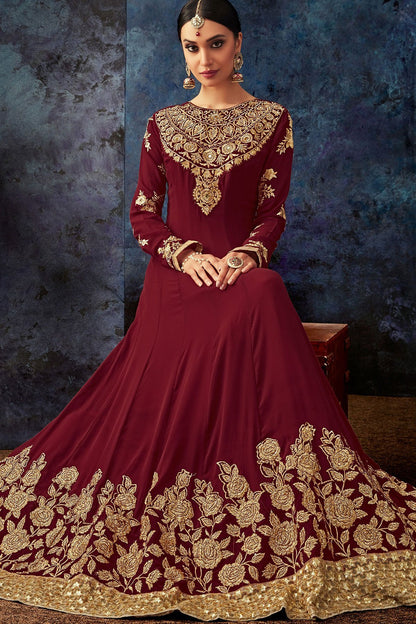 Maroon Embroidered Party Wear Anarkali Suit