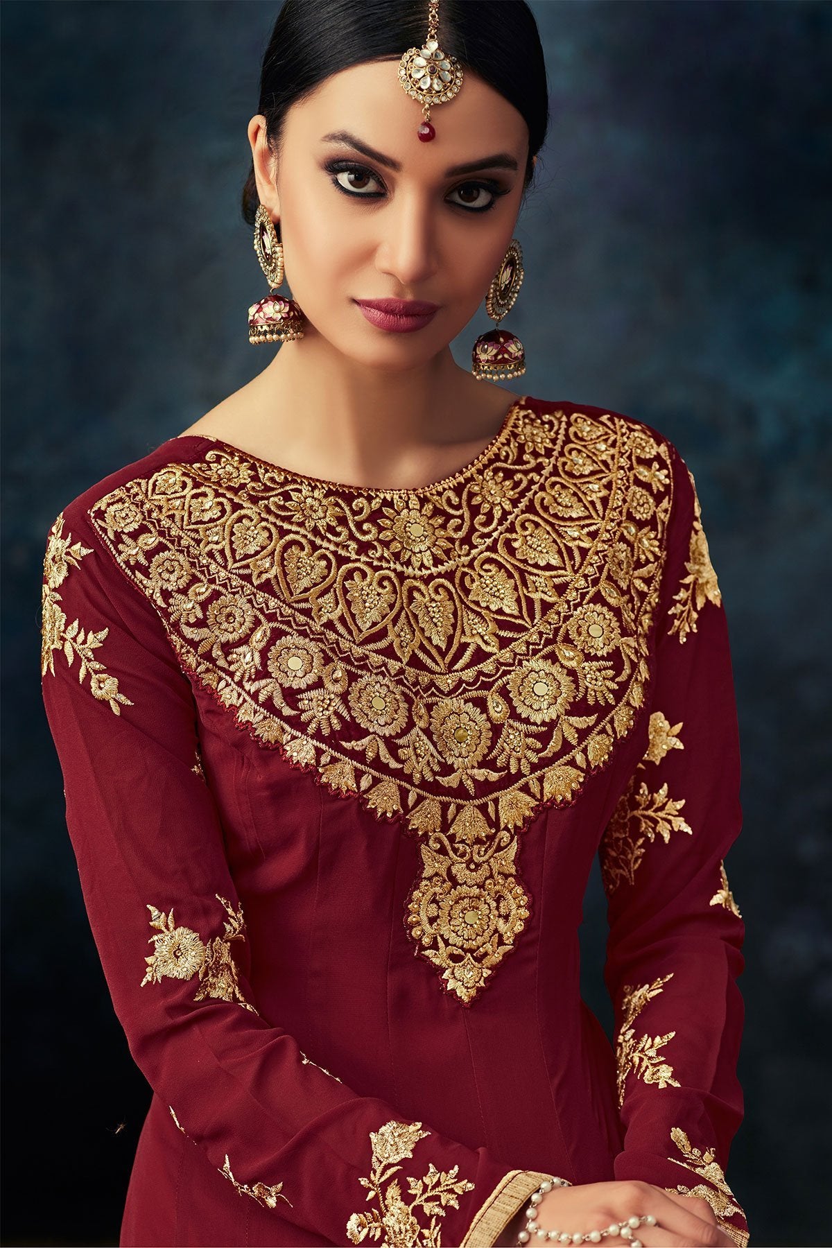 Maroon Embroidered Party Wear Anarkali Suit