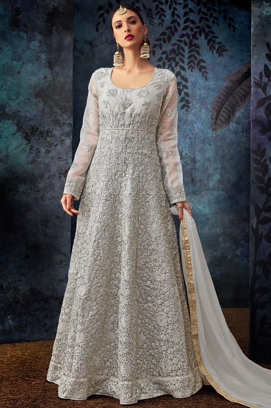 Charming Silver Heavy Embroidered Anarkali Suit