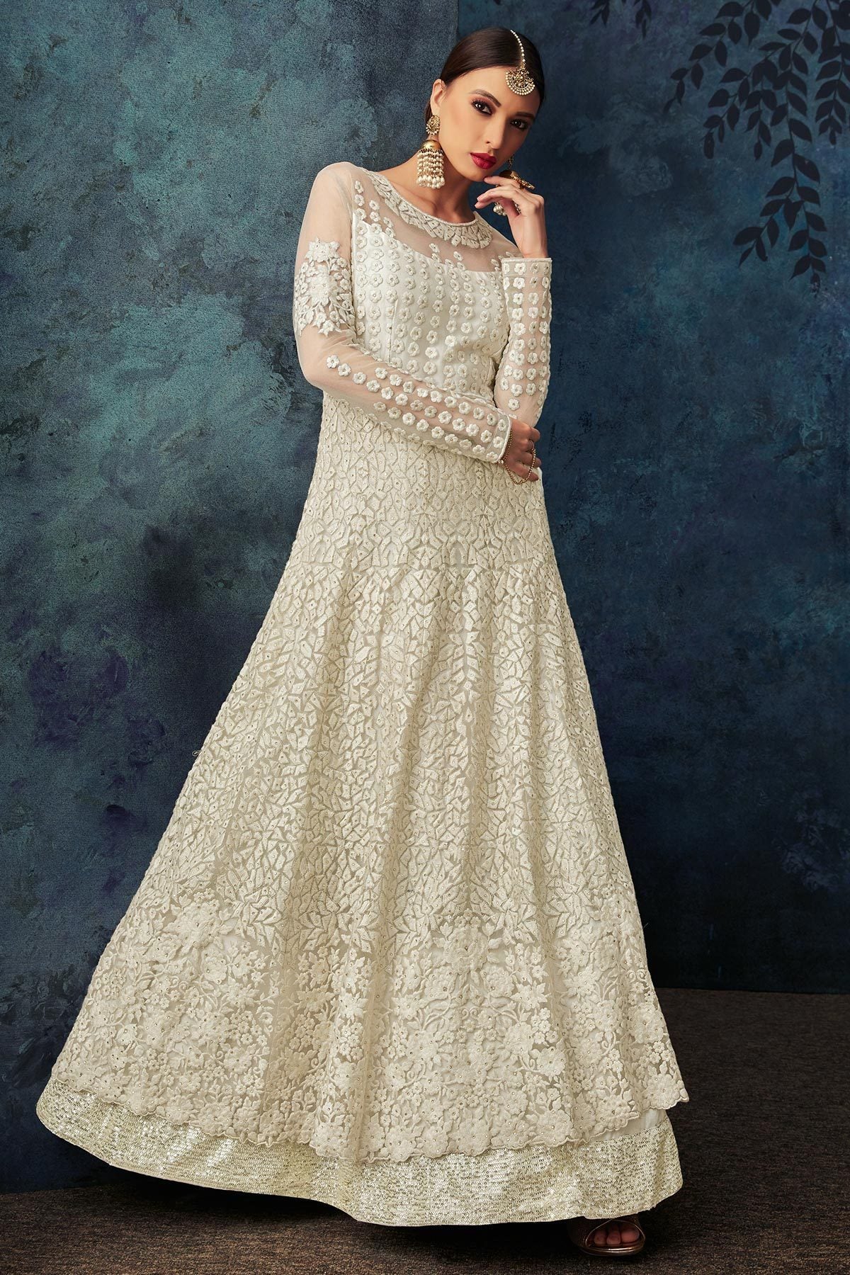 Cream Heavy Embroidered Party Wear Anarkali Suit