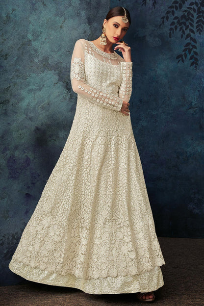 Cream Heavy Embroidered Party Wear Anarkali Suit
