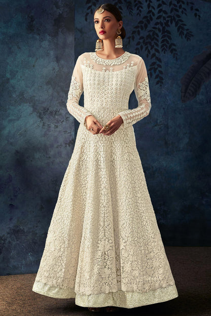 Cream Heavy Embroidered Party Wear Anarkali Suit