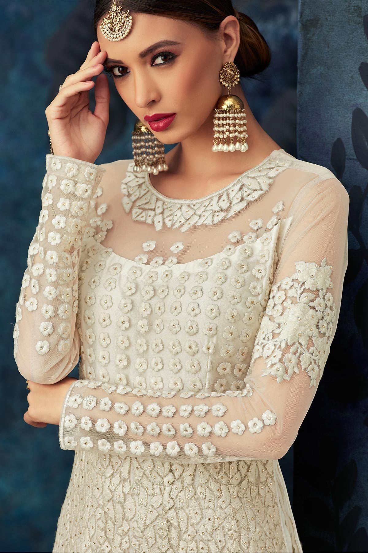 Cream Heavy Embroidered Party Wear Anarkali Suit